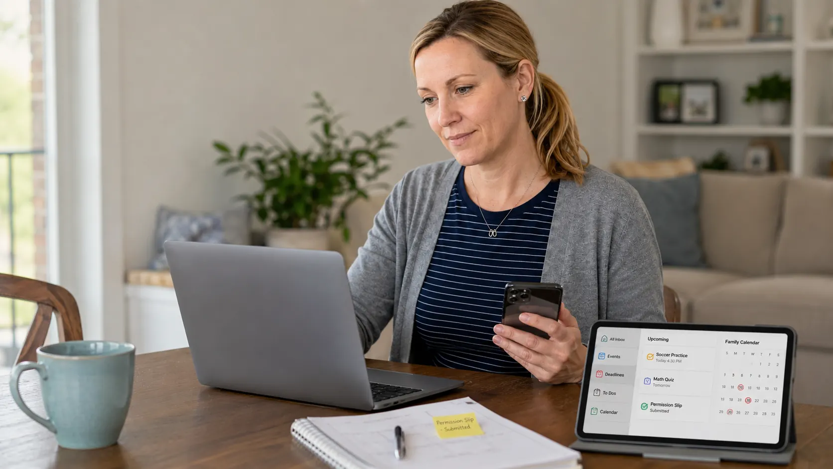 Katie sitting calmly at a living-room table with a tablet showing a tidy family calendar, looking organized and in control