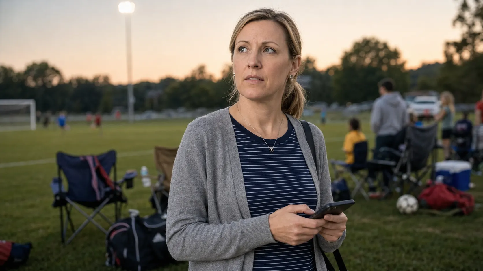 Katie standing on a soccer field at dusk checking her phone with a concerned expression while kids play in the background