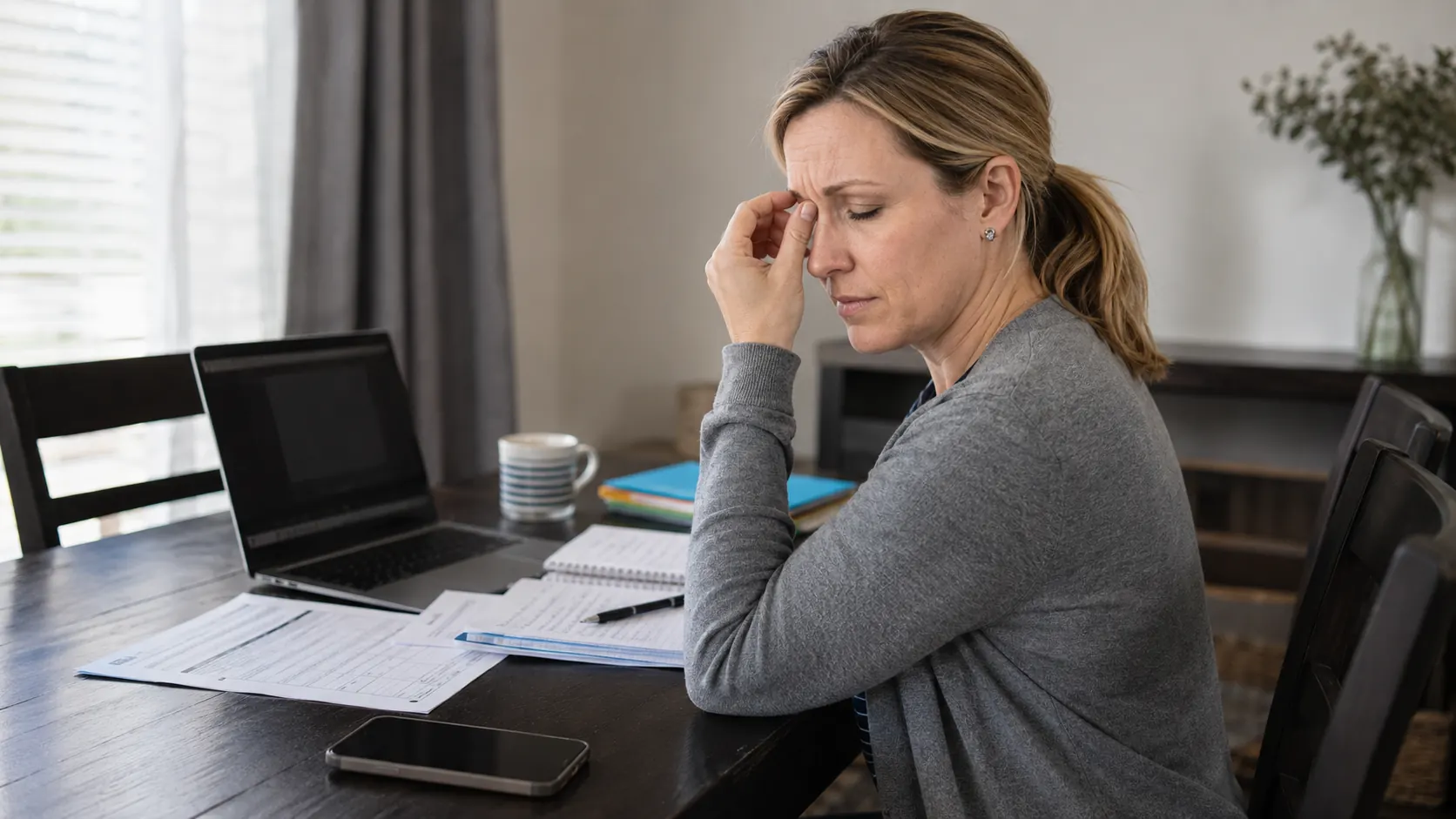 Katie at a dining table looking exhausted, pinching the bridge of her nose in front of a laptop and scattered papers