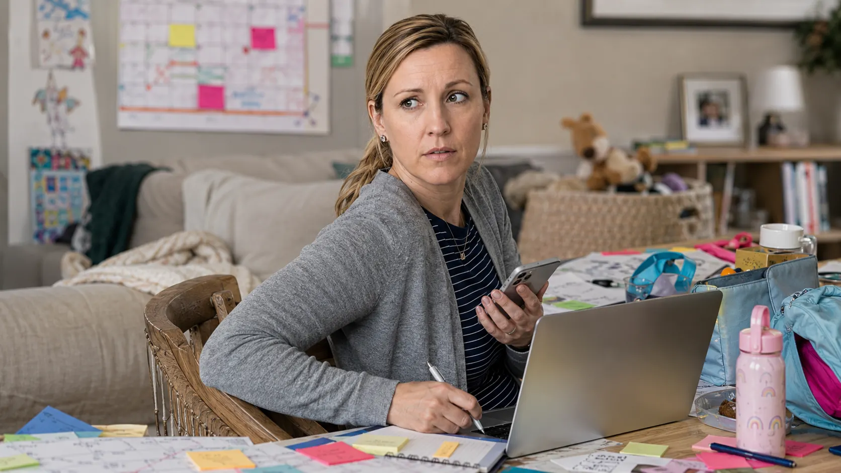 Katie in a cluttered living room looking frazzled, holding her phone and a pen amid sticky notes, papers, and kids' belongings