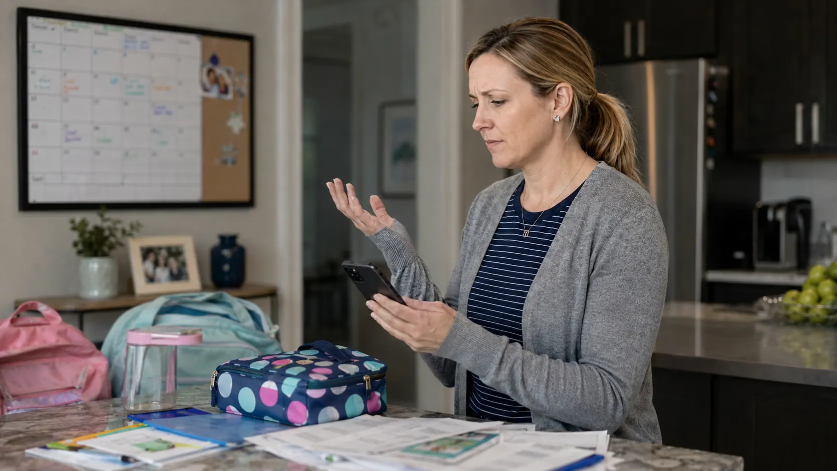 Katie at the kitchen island looking frustrated at her phone while packing a child's lunchbox, a wall calendar behind her