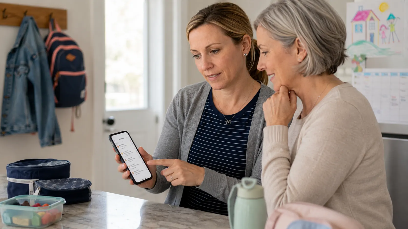 Katie at the kitchen counter warmly showing her phone to an older woman as they review a school app together