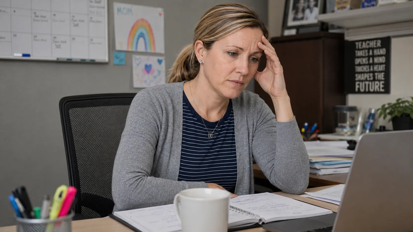 Katie at her desk looking stressed with a hand to her head, staring at her laptop amid papers, a whiteboard calendar and kids' drawings behind her