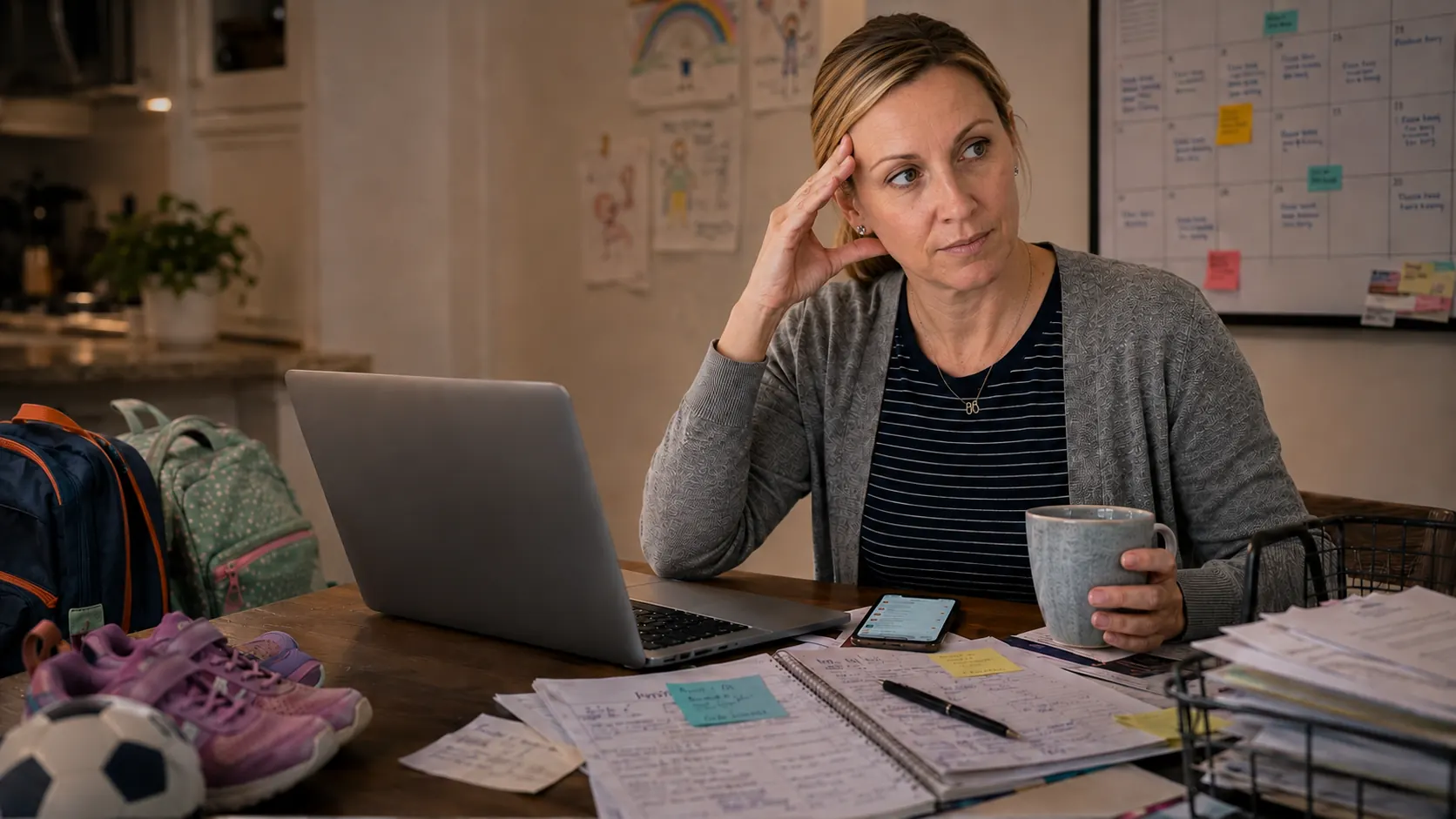 Katie at a dining table in the evening holding a mug, staring tiredly at her laptop with school papers nearby