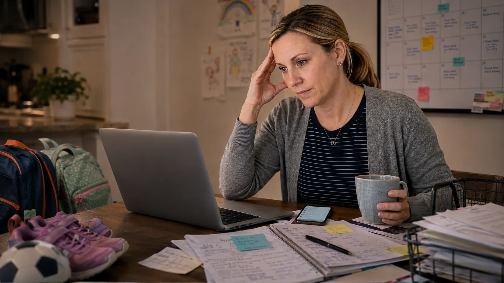 Katie at her kitchen table in the evening looking worried at her laptop, holding a mug, with a wall calendar, school papers and kids' backpacks around her