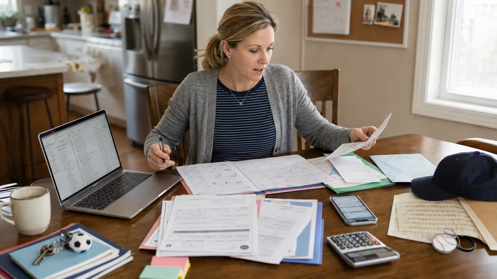 A mom at her kitchen table surrounded by school papers, a packed calendar, and a laptop full of unread emails