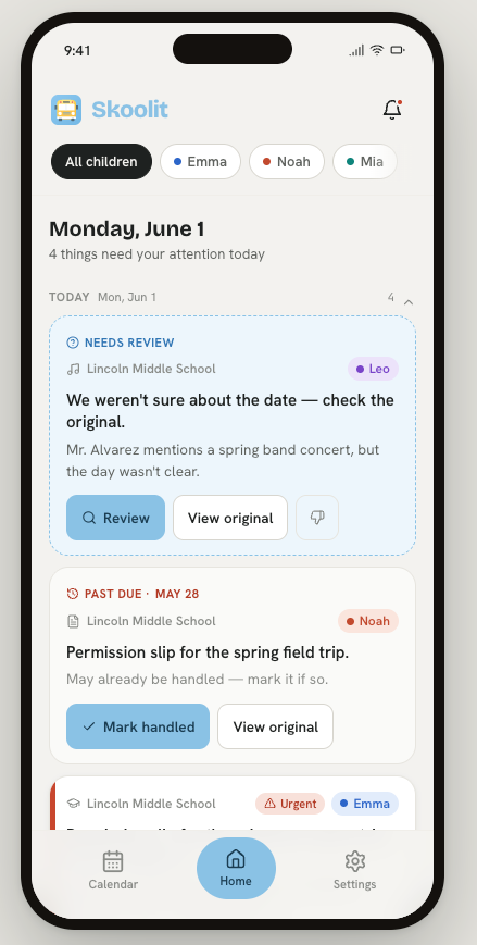 Skoolit app showing the daily digest view